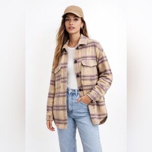 Pull&Bear Plaid Shirt Jacket Beige Purple Wool Blend Size Medium